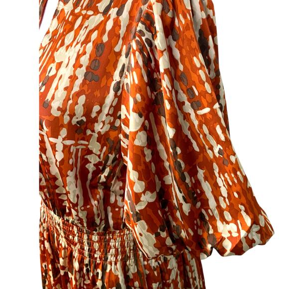 THML Women's Size MED Dress Rust Cream Brown Ruffle Bottom Puff Sleeve - Picture 5 of 14